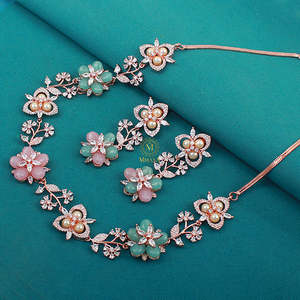 Pihu Pastel Color Designer Gold Plated Zircon Bridal Necklace and Earring Set - Product Image 2