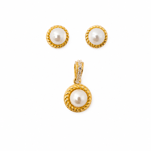 Conjunto de Collar y Pendientes de Perlas de Imitación en Oro Amarillo de 18 Quilates para Mujer, con Engaste de Bisel, Acabado Pulido, Clásico para Bodas y Fiestas - Product Image 2