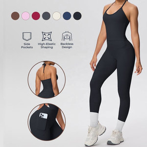 Ensemble de yoga 2 pièces sans couture en coton respirant pour femme : Legging taille haute et débardeur dos nu à col rond, couleur unie - Product Image 5
