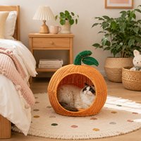 Lit pour chat en rotin tissé à la main de luxe, moderne, en forme de citrouille, pour l'hiver, abri intérieur écologique pour petits animaux