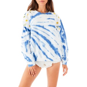 Sudadera Azul Tie Dye con Apliques Florales 3D de Margaritas, Rayas, Cuello Redondo Oversize, para Mujer, Algodón, Estilo Cottagecore, Relajada, OEM Personalizada - Product Image 1