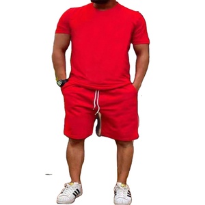 New Men's Solid Plus Size Breathable Waffle Neck Polyester/Cotton Two Piece Summer Shirt Short Gym Fitness <b>Sets</b> High Street - Product Image 1
