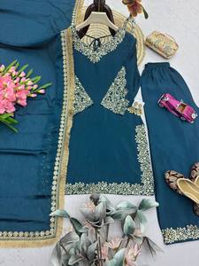 Ensemble Salwar en Rayonne Brodé Bleu Turquoise avec Dupatta – Tenue Traditionnelle Indienne et Pakistanaise pour Femme, Coupe Ample, Longueur Cheville, Décontractée - Product Image 2