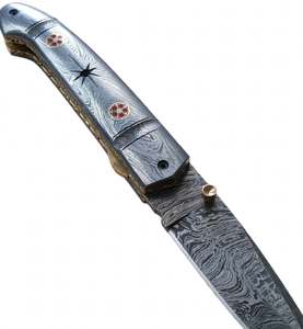 Couteau utilitaire pliant artisanal en acier Damas avec manche mosaïque, pièce de présentation exécutive - Product Image 2