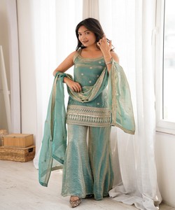 Women Traditional Silk Salwar Kameez Set Teal Embroidered Ankle-Length Loose Fit India Pakistan Style Wedding Wear KB–302 85175 - Product Image 1