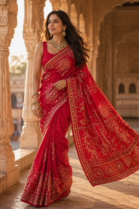 CHOHAN TEXTILE <b>Red</b> Moonga Silk <b>Saree</b>-Vintage Style Floor-Length Bridal Party Wear Hand Embroidery Zari Border Wrinkle-Free - Product Image 2