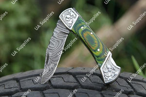 มีดพับใบดาบเหล็กดามัสกัสแบบสั่งทำพิเศษ รองรับ OEM ปรับแต่งได้ ด้ามจับไม้ปักก้าสลักลาย - Product Image 4