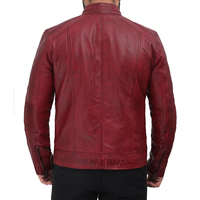 Jaket Motor Pria Kulit Asli Merah Kanvas Bernapas Kerah Tegak Depan Penutup Ritsleting Slim Fit Panjang Reguler Warna Solid