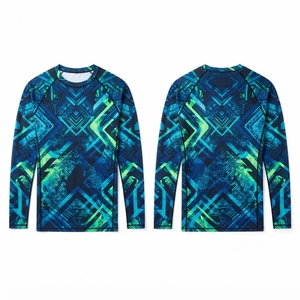 เสื้อรัดรูปแขนยาวสำหรับผู้ชาย พิมพ์ลายแบบ Heat-Transfer สีน้ำเงินส้ม ลายเรขาคณิต แห้งเร็ว ป้องกันแบคทีเรีย - Product Image 4