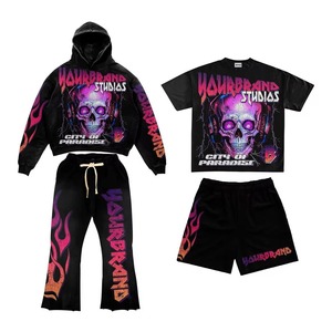 Men's Black Hoodie And Pants <b>Set</b> Streetwear Printed Flame Design Tour Graphic <b>Knitted</b> Polyester Autumn Wear - Product Image 2