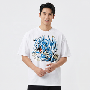 T-shirt blanc surdimensionné pour homme avec imprimé dragon bleu, manches courtes, col rond, coupe décontractée en jersey - Product Image 5
