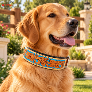 Collar de Perro de Cuero Repujado Estilo Western Artesanal con Diseño Floral Turquesa |   Collar Ajustable Acolchado para Mascotas con Hebilla Metálica para Perros - Product Image 4