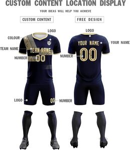 Uniforme de Fútbol Personalizable para Hombre, Color Azul Marino y Dorado, Impresión por Transferencia de Calor, Cuello en V, Manga Corta, Resistente al Viento, Secado Rápido, Poliéster - Product Image 2