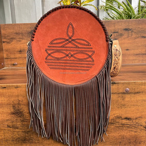 Sac à franges en cuir suédé à point de botte fabriqué à la main pour femmes sacs à main circulaires en cuir véritable et sacs à main à la mode - Product Image 3