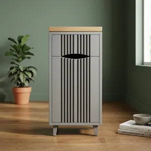 Minimalist Gray Storage Bathroom <b>Cabinet</b> with Wood Top and Vertical Slats Space Saving Design - Product Image 4