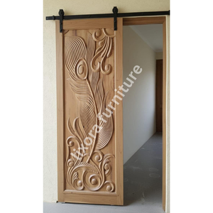 Porte coulissante de grange en bois massif sculpté à la main avec plumes de paon, pour entrée artistique et luxueuse - Product Image 5
