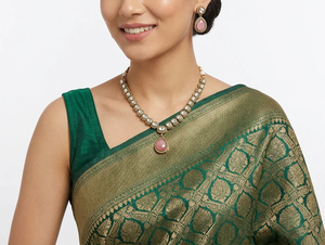 Conjunto de collar con colgante de piedra rosa chapado en oro de lujo con cadena Polki y pendientes a juego, joyería nupcial india para boda. - Product Image 1