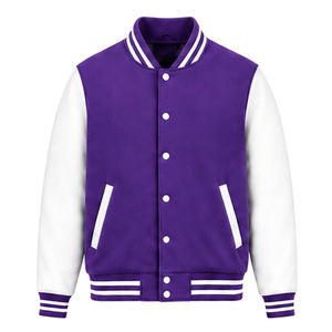 <b>Men's</b> Purple <b>White</b> Varsity <b>Jacket</b> Regular Fit Zipper Closure Preppy Style Fleece Material Turn-down Collar Pockets Autumn Wear - Product Image 2