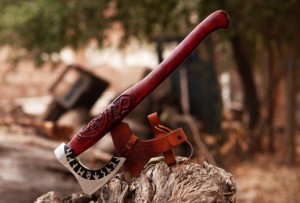 Handmade <b>Axe</b> Damascus Steel Blade Wood <b>Handle</b> With Leather Sheath Outdoor Knife - Product Image 2