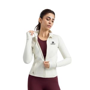 <b>White</b> Women's Cropped Active Jacket Full Zip Stand Collar <b>Long</b> <b>Sleeve</b> Fitted Stretch <b>Top</b> For Fitness Training And Casual Wear - Product Image 1