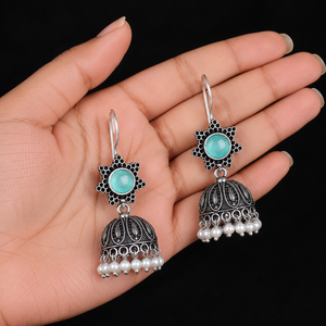 Bulk Price Black Blue Stone Jhumki <b>Earrings</b> Oxidized <b>Silver</b> Indian <b>Dangle</b> <b>Earring</b> Boho Ethnic Jewelry Pearl Jhumka Gift 4 Women - Product Image 3