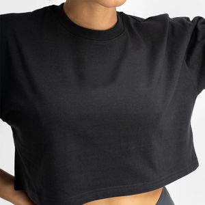 T-shirt en jersey noir pour femme, coupe courte, manches courtes, col rond, coupe ample, couleur unie, décontracté, pour le printemps et l'été - Product Image 5