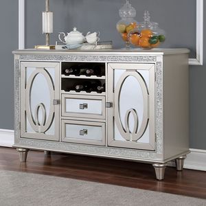 Credenza Contemporanea in Legno Massello con Dettagli in Specchio Argentato, Mobile per Sala da Pranzo - Product Image 1