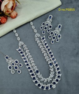 Double Layered Radiant Cut Stone Stuuded <b>Fashion</b> <b>Necklace</b> Set With Matching Earring Mang Tika Silver Plated Jewelry Set Supplier - Product Image 4
