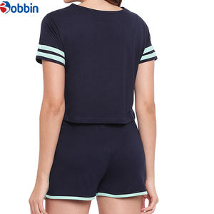 Ensembles d'été tendance pour femmes : Haut court et short, couleur bleue, col rond, manches courtes, tenue décontractée pour filles - Product Image 2
