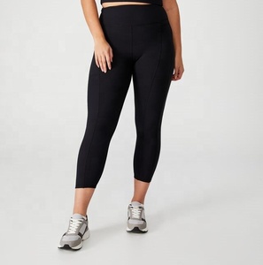 Plus Size Mid Ribbed Yoga <b>Leggings</b> Solid Black Calf Length Seamed Pocketed <b>Women</b> Pants Custom Made Lightweight Quick Dry - Product Image 3