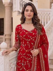 Factory Price OEM Premium <b>Red</b> Heavy Work Sharara Suit Traditional Indian Pakistani Ethnic Wear Readymade Kurti Sharara Set Whole - Product Image 3