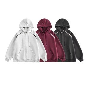 Sweat à capuche unisexe avec fermeture éclair métallique et logo personnalisé, en molleton ample pour homme, avec manches régulières, design uni contrastant et style vierge tendance - Product Image 5