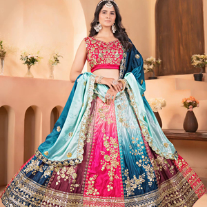 Lehenga Choli multicolore éclatant avec broderie argentée complexe, matériaux recyclés - Design traditionnel pour les occasions de mariage et de Diwali - Product Image 1
