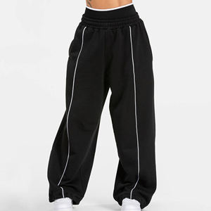 Pantalones Deportivos Anchos de Felpa de Algodón con Ribete, Diseño Personalizado OEM, Color Negro, para Mujer - Product Image 1