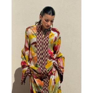 Silk <b>Kaftan</b> Floor-Length Traditional Winter/Summer Party Printed Multicoloured Moisture Wicking High Stand Collar Contrasting - Product Image 3