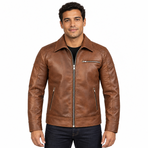 Chaqueta de Motociclista para Hombre, de Cuero Genuino Marrón, con Lona, Impermeable, Transpirable, Anti-UV, Resistente al Viento, con Cierre de Cremallera y Cuello Plegable - Product Image 4