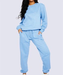 Pantalon de survêtement bleu clair pour femme, coupe ample, avec poches latérales, taille à cordon, en coton uni, décontracté - Product Image 1