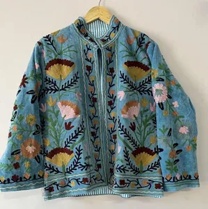 Chaqueta de Terciopelo Azul Cielo Bordada a Mano con Hilo Floral, Kimono Boho, Abrigo Tradicional Indio Étnico, Chaqueta Corta - Product Image 1