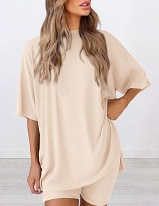 Oversized <b>Batwing</b> Sleeve Knitted <b>T</b>-<b>Shirt</b> Solid Color O-Neck Casual Summer Wear Unisex Breathable Pullover Beige - Product Image 4