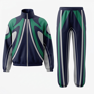 Conjunto Deportivo de 2 Piezas para Hombre, Chaqueta con Cierre Completo y Pantalones Deportivos a Rayas, Color Verde Marino con Logotipo Estampado, Ropa Deportiva Informal - Product Image 1