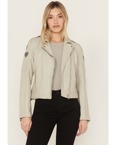 Ivory <b>Leather</b> Biker <b>Jacket</b> Women Grey Heart Patch Back Belted Moto Coat Genuine Lambskin White Cropped Cute Outerwear - Product Image 4