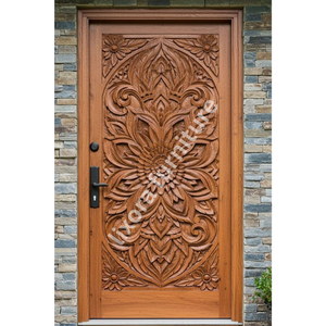 Puerta Principal de Madera Sólida Tallada a Mano con Mandala Floral, Decoración Artística para Entrada Exterior - Product Image 5