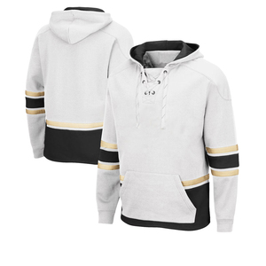 Sudadera con capucha de hockey sobre hielo blanca para hombre de Index Apparel con rayas negras y doradas, cierre frontal con cordones, corte regular, manga larga, jersey de poliéster. - Product Image 3