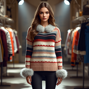 Computer Knitted Faux <b>Fur</b> Trim Women Sweater Fashion Knitwear with OEM ODM Customization - Product Image 3