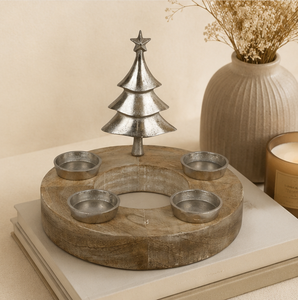 Handcrafted Mango Wood Advent Wreath With 4 Tealight Holders And Silver Metal Christmas Tree Sculpture Elegant Modern Holiday - Product Image 2