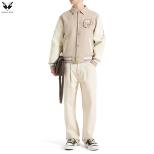 Custom Beige Wool Varsity Jacket Men Custom Embroidery Letterman Jacket Contrast Sleeves <b>Button</b> Up Winter Fashion Streetwear - Product Image 1
