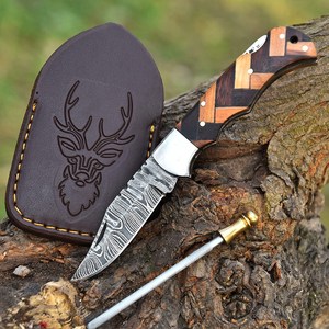 Maysara Impex EDC Damascus Steel Folding Knife with <b>Back</b> Lock Olive Pakka Wood Handle Brass Bolster Sheath Pocket Utility Knife - Product Image 1