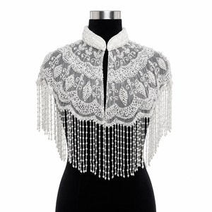 Cape de luxe en nylon brodée de perles et de dentelle, avec col, franges et pompons décoratifs, pour épaules, style nuptial, service OEM pour adultes, Ellora - Product Image 1