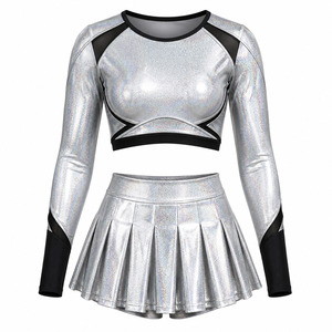 Wholesale Metallic <b>Holographic</b> Cheerleader Uniform Women Sparkle Long Sleeve Cheer Dance Crop <b>Top</b> Pleated Skirt Set - Product Image 1