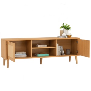 Sleek Modern Walnut Finish Media Console with 2 Rattan Sliding Doors <b>Open</b> Shelf Cable Management for Living Room Home Theater - Product Image 2